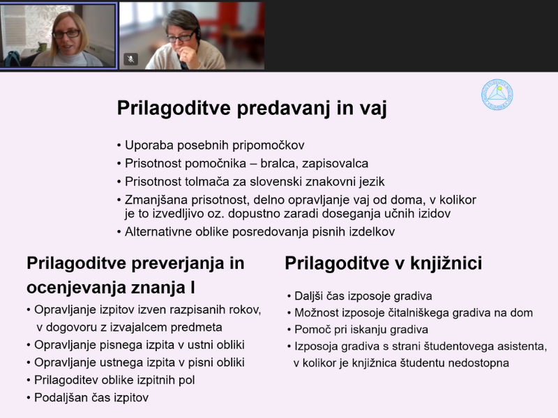 Slika 5: Različne prilagoditve predavanj, preverjanja znanja in v knjižnici.