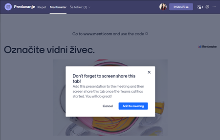 Vključitev aplikacije Mentimeter v zavihek srečanja Microsoft Teams